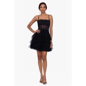 Betsy Adams black mesh corset tiered short gown